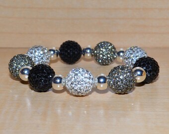 14mm Black, White, and Gray Pave Crystal Disco Ball Bead Bracelet with 8mm Silver Plated Beads - 1409B