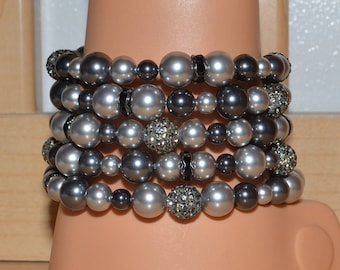 Swarovski Pearl and Pave Crystal Disco Ball Bead Memory Wire Bracelet in Shades of Black and Gray - 5 loops - SW8