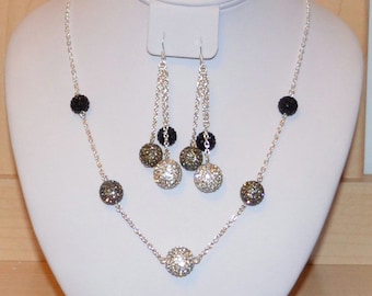 Rhinestone Crystal Pave Necklace and Dangle Earrings Set 14mm, 12mm, 10mm Black, Gray, and White