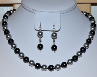 Hand-Knotted 8mm Swarovski Pearl Necklace in Black and Gray on Silk Thread with Matching Earrings - SW8