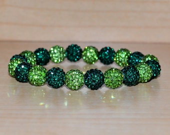 10mm Light Green/Lime Green and Dark Green/Emerald Pave Crystal Disco Ball Bead Stretch Bracelet - 1020B