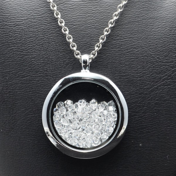 Floating Locket Necklace filled with 3mm Swarovski Bicone Crystals Pendant - Many Different Colors - SW8