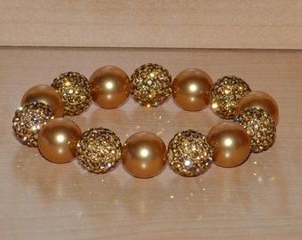 14mm Swarovski Pearl Stretch Bracelet in Bright Gold with Colorado Brown Pave Crystal Disco Ball Beads - 1414B - SW8