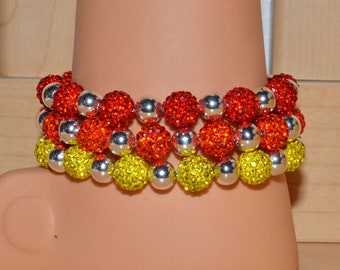 3 Three Strand 10mm Rising or Setting Sun Red, Orange, and Yellow Pave Crystal Disco Ball Beads with 8mm Silver Bead Bracelet