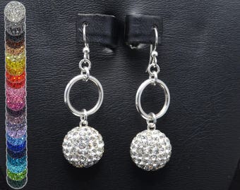 14mm White Clear Pave Crystal Rhinestone Disco Ball and Silver Circle Earrings
