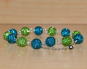 10mm Lime Green and Sky Blue Pave Crystal Disco Ball Bead Bracelet