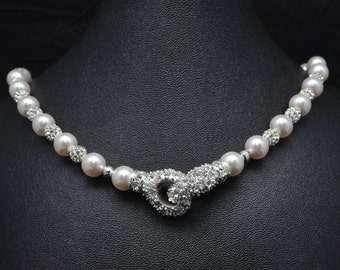 Bridal Necklace with 8mm Swarovski Pearls and 6mm White Pave Crystal Disco Ball Beads