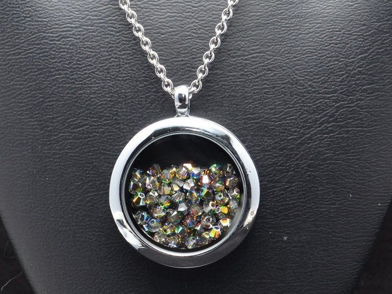 Floating Locket Necklace filled with 3mm Swarovski Bicone Crystals Pendant Many Different Colors SW8 image 3