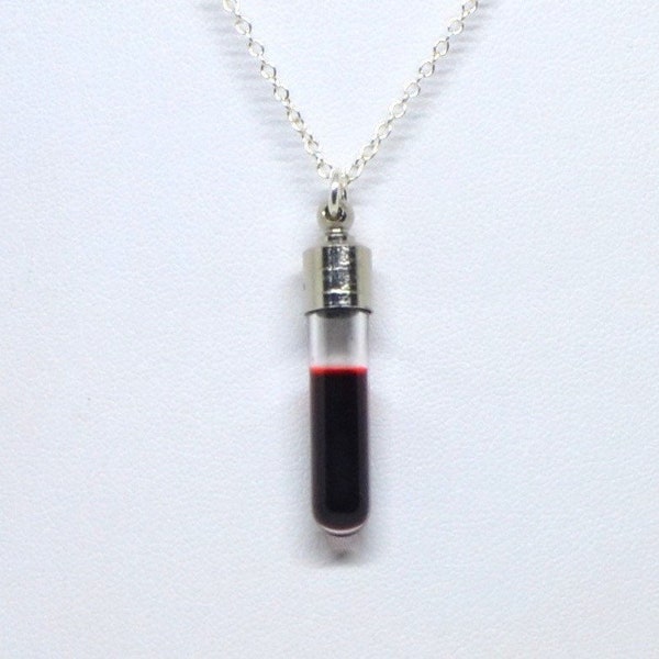 Red Fake Blood Glass Tube Vial and Silver Necklace Pendant on Sterling Silver Chain - Vampire, Goth, Halloween memento mori, steampunk, punk