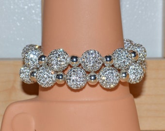 2 Two Strand 14mm White Pave Crystal Disco Ball Bead Bracelet with 8mm Silver Plated Beads - 1409B