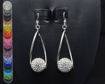 14mm White Clear Pave Crystal Rhinestone Disco Ball and Silver Curved Bar Earrings