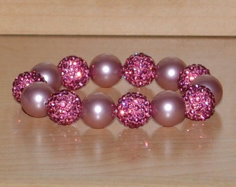 14mm Swarovski Pearl Stretch Bracelet in Light Pink with Rose Pink Pave Crystal Disco Ball Beads - 1414B - SW8