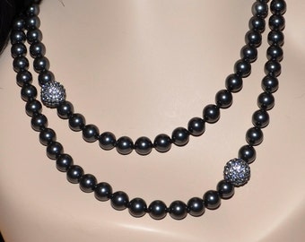 Hand-Knotted 8mm Black Swarovski Pearls with 12mm Gray Pave Crystal Disco Ball Beads on Silk Thread Double Strand Pearl Necklace - SW8
