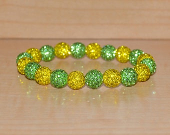 10mm Golden Yellow and Lime Green Pave Crystal Disco Ball Bead Stretch Bracelet - 1020B