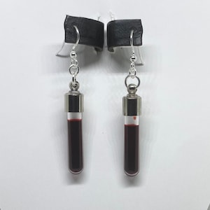 Red Fake Blood Glass Tube Vial and Silver Earrings - Vampire, Goth, Halloween, steampunk, religious, punk, memento mori