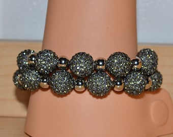 2 Two Strand 14mm Gray Grey Pave Crystal Disco Ball Bead Bracelet with 8mm Silver Plated Beads - 1409B