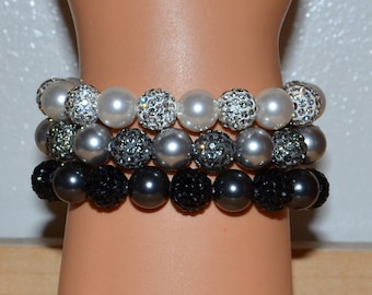 10mm 3 Three Pave Crystal Disco Ball Bead and Swarovski Pearl Stretch Bracelets  - Black White and Gray- 1020B - SW8