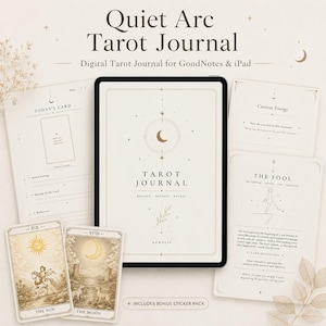 May include: A digital tarot journal for GoodNotes and iPad. The journal features the text "Quiet Arc Tarot Journal" and "Tarot Journal". The image includes tarot cards with "The Sun" and "The Moon" on them, plus a bonus sticker pack.