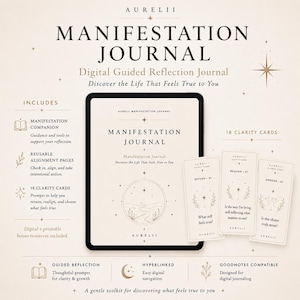 May include: A digital manifestation journal displayed on a tablet screen with three accompanying clarity cards. The text reads Manifestation Journal, Discover the Life That Feels True to You, and includes sections for a companion, alignment pages, and cards.