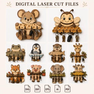 May include: A collection of digital laser cut files featuring ten wooden animal key holders. Designs include a mouse with cheese, bee with honeycomb, frog, penguin, otter with fish, giraffe, fox, pig, elephant, and cow. Includes SVG, DXF, EPS, AI, and PDF formats.