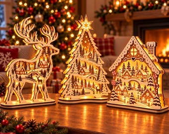 Village de Noël 3D découpé au laser (SVG), maison de renne dans l'arbre (SVG), décoration en bois compatible LED, téléchargement numérique DXF pour Glowforge