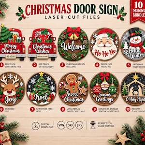 May include: A collection of ten circular and truck-shaped Christmas door sign laser cut files. Designs include a red truck, wreath, Santa, snowman, reindeer, Christmas tree, gingerbread man, ornaments, and a nativity scene with text.