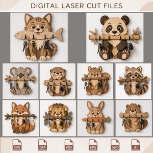 May include: A collection of digital laser cut files for wall-mounted key holders featuring various animals including a cat, panda, koala, otter, squirrel, raccoon, fox, lion, rabbit, and beaver, each holding a horizontal object with metal key hooks.