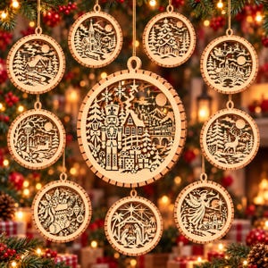 May include: A collection of nine circular wooden ornaments featuring intricate laser-cut designs of Christmas scenes, including a nutcracker, a nativity, a reindeer, a stocking, a church, a train, and a sleigh, all suspended by thin strings.