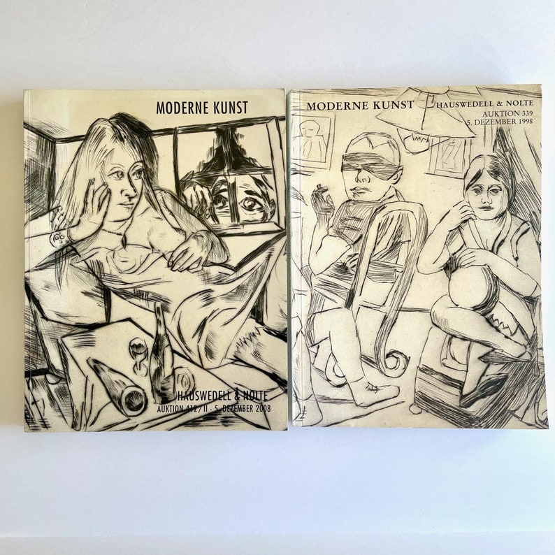 May include: Two black and white illustrations on magazine covers. The left cover features a woman sitting in a chair with a glass of wine on a table. The right cover features three people, one with a blindfold, sitting in chairs. Both covers have the text "Moderne Kunst" and the name of an auction house.
