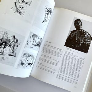 May include: A black and white photo of a man in a military uniform holding a globe. The photo is from a book about art and includes text about the artist and the artwork.