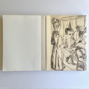 May include: A black and white drawing of four people in a room. The people are dressed in clothing from a past era. The drawing is done in a sketchy style.