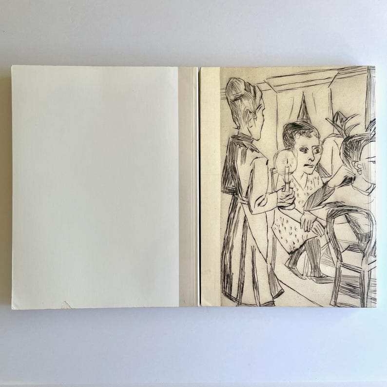 May include: A black and white drawing of four people in a room. The people are dressed in clothing from a past era. The drawing is done in a sketchy style.