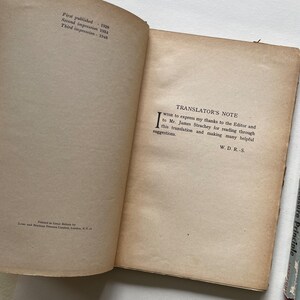 May include: A page from a book with the text "Translator's Note" and the following text: "I wish to express my thanks to the Editor and to Mr. James Strachey for reading through this translation and making many helpful suggestions. W.D.R.S."