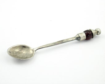 French Silverplate Decorative Spoon with Red Gem from Vietnam, Measures 4.75 Inches