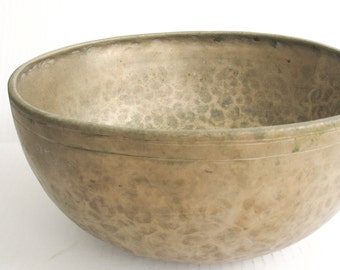 Large Antique Jambati Tibetan Singng Bowl with Inscription, 11" across, 5.25" high