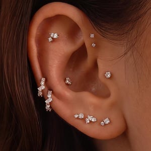 May include: A collection of silver-toned ear piercings featuring multiple small clear stones. The set includes a cluster stud in the helix, a small hoop with stones in the mid-ear, and a multi-stone stud arrangement along the earlobe.