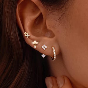 May include: A set of gold-toned earrings featuring a star-shaped stud, a leaf-shaped charm stud, a four-petaled flower stud, a small dangling crystal stud, and a small hoop earring with embedded clear stones, all arranged along the ear cartilage.