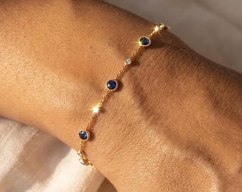 14K Gold Blue Sapphire Bracelet for Women, Minimalist Blue Stone Jewelry, Dainty September Birthstone Gift, Tiny Chain Bracelet for Her