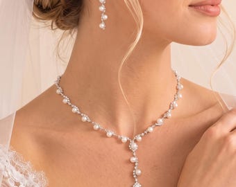 Art Nouveau Pearl Bridal Jewelry Set, Silver Plated Necklace, Bracelet, Earrings