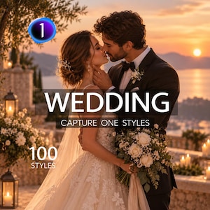 Puede incluir: Una portada de producto digital con una pareja en traje de boda y el texto WEDDING CAPTURE ONE STYLES 100 STYLES. La imagen muestra a una persona con un vestido de encaje blanco y a otra con un esmoquin negro sosteniendo un ramo de rosas blancas.
