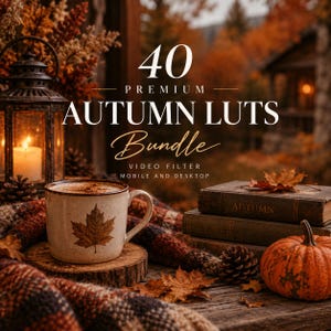 May include: A digital product advertisement featuring the text 40 PREMIUM AUTUMN LUTS Bundle VIDEO FILTER MOBILE AND DESKTOP. The image displays a ceramic mug with a maple leaf design, a lantern, books, and a pumpkin on a wooden surface.