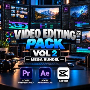May include: A digital video editing pack volume 2 mega bundle featuring Adobe Premiere Pro, Adobe After Effects, and CapCut software icons. The display shows multiple computer monitors with video editing timelines and software interfaces.