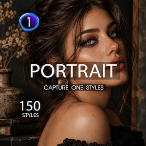 Pode incluir: Um gráfico digital apresentando o retrato de uma pessoa com cabelos escuros e olhos claros. As sobreposições de texto incluem o número 1 em um círculo azul, a palavra PORTRAIT, a frase CAPTURE ONE STYLES e o texto 150 STYLES.