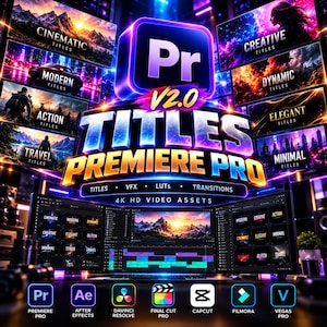 May include: A digital software asset pack for Premiere Pro V2.0 featuring various video titles, VFX, LUTs, and transitions. The display shows multiple preview windows with cinematic, modern, dynamic, creative, elegant, and travel themes.
