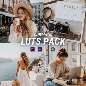 May include: A digital product advertisement titled CINEMATIC LUTS PACK featuring four panels: a person in a hat holding a coffee cup, a vintage Seagull camera on a Cereal magazine, a person in a white dress overlooking the sea, and a person using a laptop.