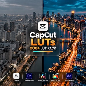 May include: A digital product display featuring a split-screen city view showing a before and after color grade. The text reads CapCut LUTs 200+ LUT Pack. Below are icons for CapCut, Premiere Pro, DaVinci Resolve, Final Cut Pro, and After Effects.