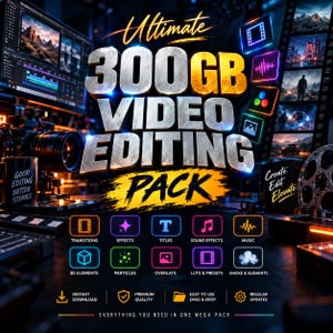 May include: A digital product advertisement titled Ultimate 300GB Video Editing Pack. The graphic features bold metallic text, a grid of icons representing transitions, effects, titles, music, and 3D elements, plus film strip accents and text.