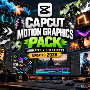 Könnte beinhalten: Eine digitale Produktanzeige mit dem Logo CapCut Motion Graphics Pack Updated 2026, umgeben von verschiedenen animierten Videoeffekt-Vorschaubildern, darunter Rauch, Lichtspuren und geometrische Formen, über einem Computer-Arbeitsplatz.