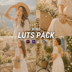 May include: A digital product titled BOHO LUTS PACK featuring four warm-toned photographs of a person in a white dress with a straw hat and a woven basket filled with white flowers, alongside icons for Adobe Premiere, After Effects, and Final Cut.