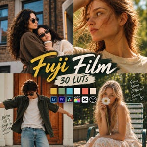 以下が含まれることがあります： Fuji Film 30 LUTsというテキストと編集ソフトのアイコンが表示されたデジタル製品。画像には、様々な屋外環境にいる人々を写した4つの写真パネル、カラー見本、およびBetter LUTs Brighter Storiesというテキストが含まれています。